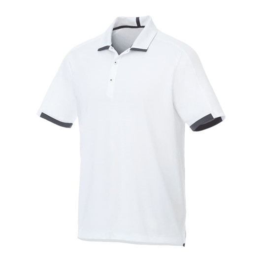 A white performance polo shirt with short sleeves and dark grey accents, featuring a small logo on the chest.