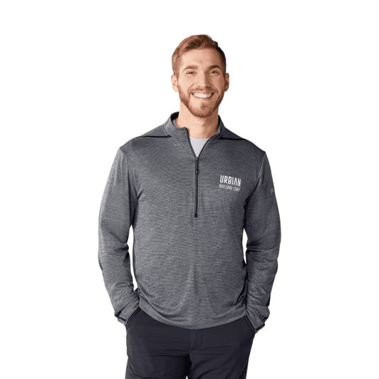 A men's half zip jacket in dark grey with a logo on the chest, featuring a performance knit design.
