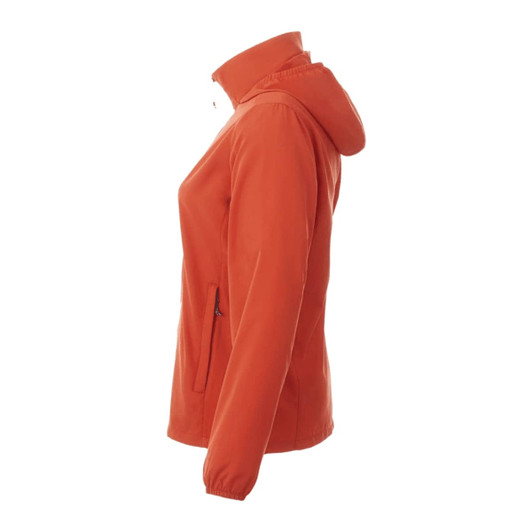 A packable women's jacket in bright orange, featuring a hood and side pockets, with a logo visible.