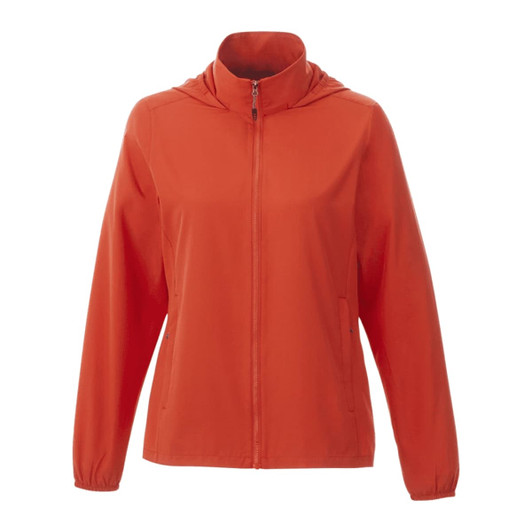 A women's packable jacket in vibrant red, featuring a hood and zippered front. The jacket also has a logo.