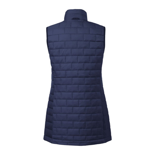 A navy blue women's insulated puffer vest, featuring a quilted design and a high collar. It has a logo on the back.