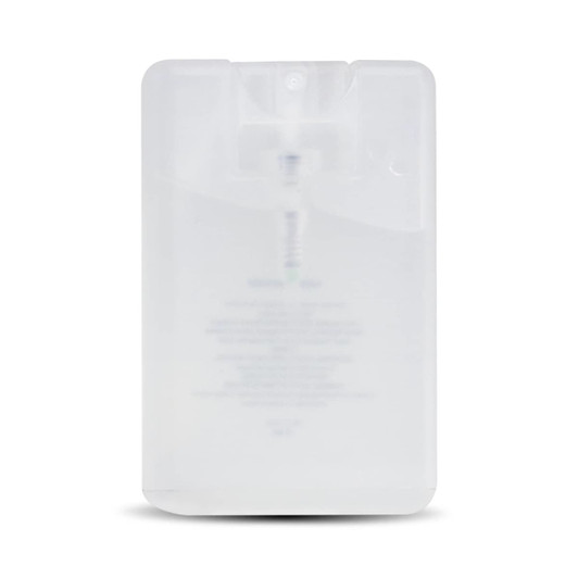 A transparent hand sanitiser card with a sleek design, featuring a small nozzle for dispensing.