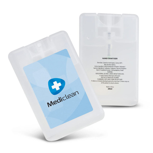 A clear, rectangular hand sanitiser card with a logo, containing 20ml of sanitiser.