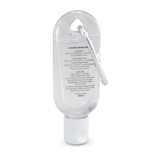 A clear 30ml hand sanitiser bottle with a carabiner attached. The bottle features a white flip-top cap.