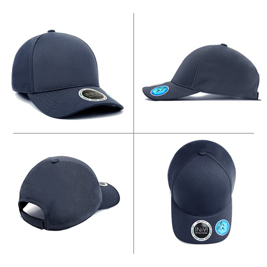 A navy blue bamboo cap featuring a front panel, curved brim, and rear strap, with a logo on the side.