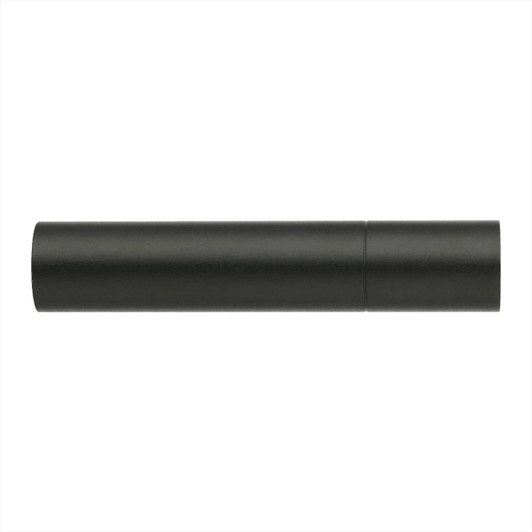 A sleek black rechargeable flashlight with a cylindrical design, featuring a branding logo.
