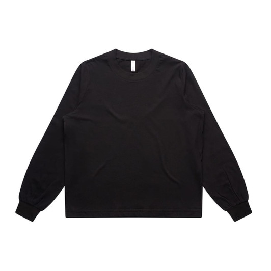 A black long-sleeve T-shirt with a round neck and elasticised cuffs, featuring a logo.