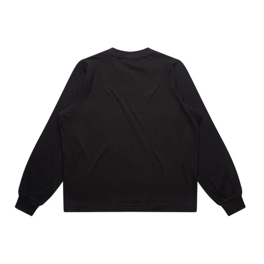 A black long-sleeve t-shirt featuring a simple design and a logo on the back.