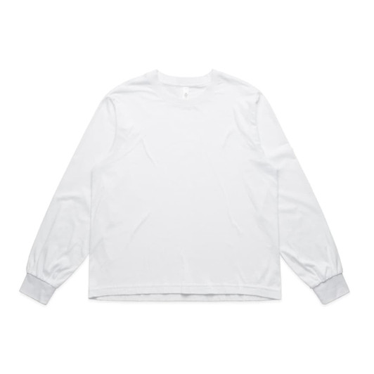 A white long-sleeve t-shirt with a simple design and a logo on the chest.