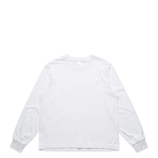 A long-sleeved tee in white with fitted cuffs and a simple design; features a branding logo.