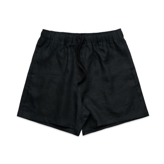 A pair of black linen shorts with an elastic waistband and drawstring. They have a simple, classic design.