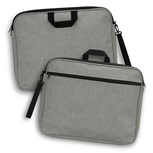 A grey satchel with a handle and shoulder strap, featuring a front zip pocket and branding logo.