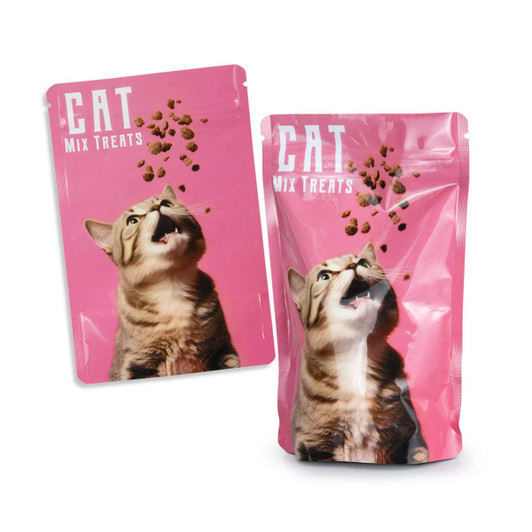 A pink foil stand-up pouch featuring a cat, filled with mix treats. The pouch includes a logo on the front.