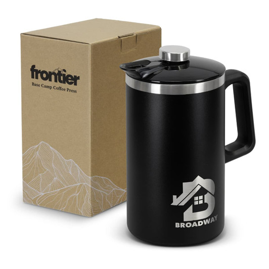 A coffee press in matte black with a silver lid, accompanied by a cardboard box featuring a logo.