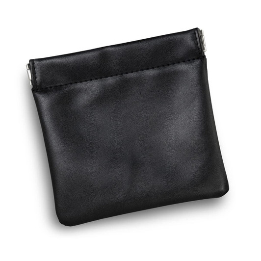 A black leather pouch with a smooth finish and a silver clasp at the top. It features a subtle logo.