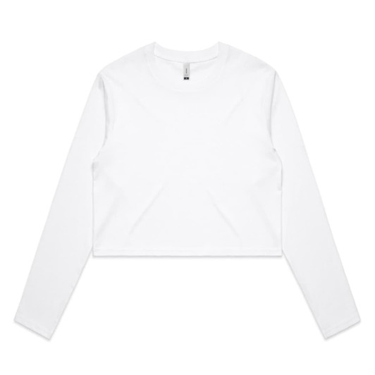A white long-sleeve crop t-shirt with a simple design, featuring a logo.