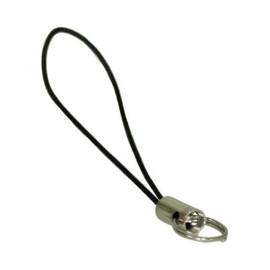 A mini lanyard with a black cord and a silver metal attachment. It includes a logo or branding.