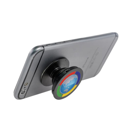 A black phone stand with a colourful circular design attached to the back of a smartphone.