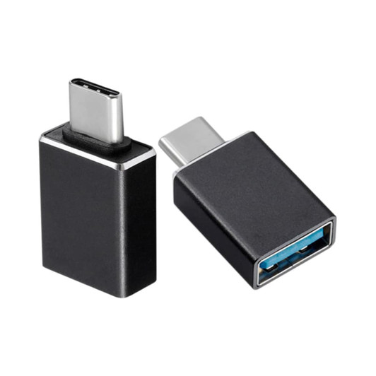 A black USB 3.0 to Type-C adapter with a sleek design, featuring a metallic finish and two angled views.
