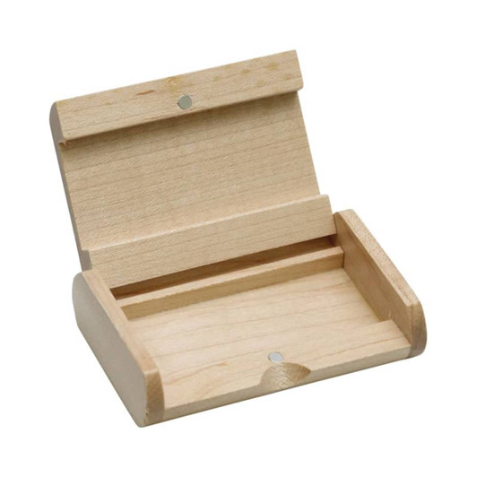 A wooden hinged box in a light natural finish, featuring a sliding lid and a small compartment.
