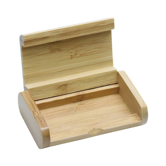 A wooden hinged box in a light bamboo finish, featuring a simple design with a flat base and open compartment.