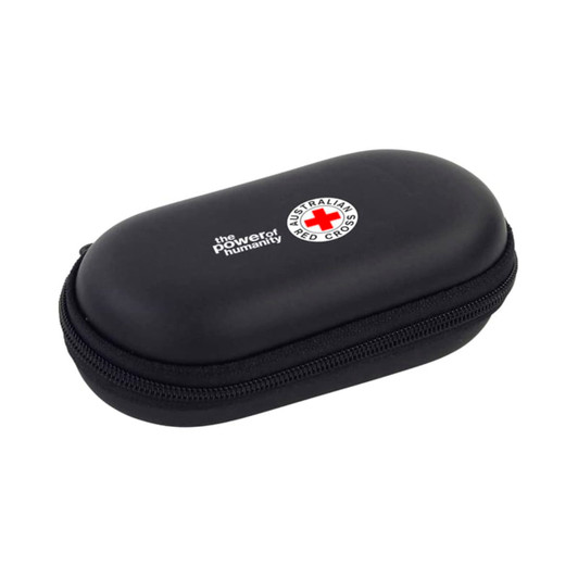 A black zippered case with a rounded shape and a logo on the front. The case is compact and hard-shell.