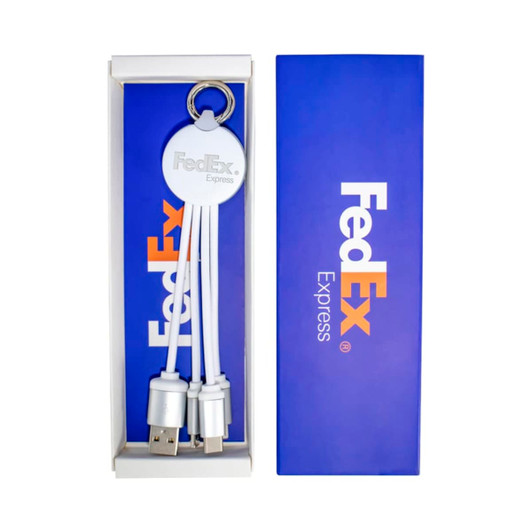 A gift box containing a multi-connector charging cable in white, presented inside a blue and white branded box.