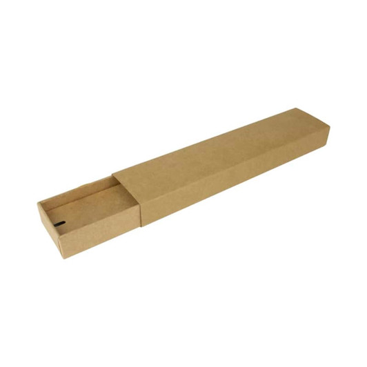 A kraft sliding gift box with an engraved logo, designed for pen packaging, featuring a simple, natural brown colour.