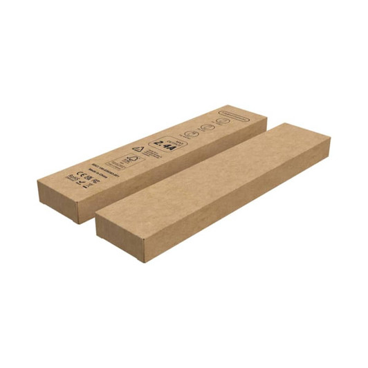 Recycled kraft tuck box in brown, featuring a logo, sized 210 x 45 x 17 mm. Suitable for packaging items.