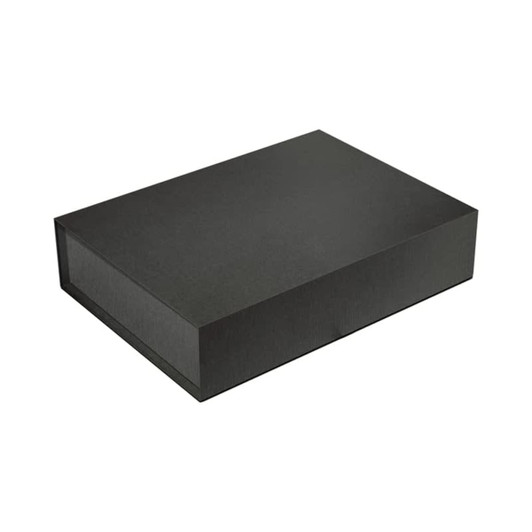 A sleek black magnetic gift box suitable for office and business gift sets. It features a smooth finish and includes a logo.