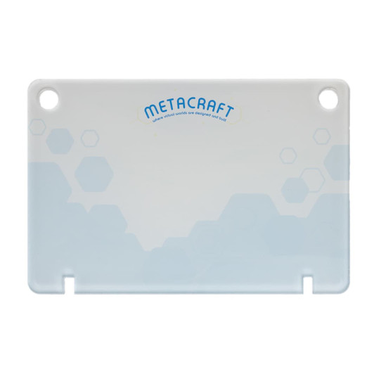 A sleek, light blue note holder with rounded corners and a logo at the top.