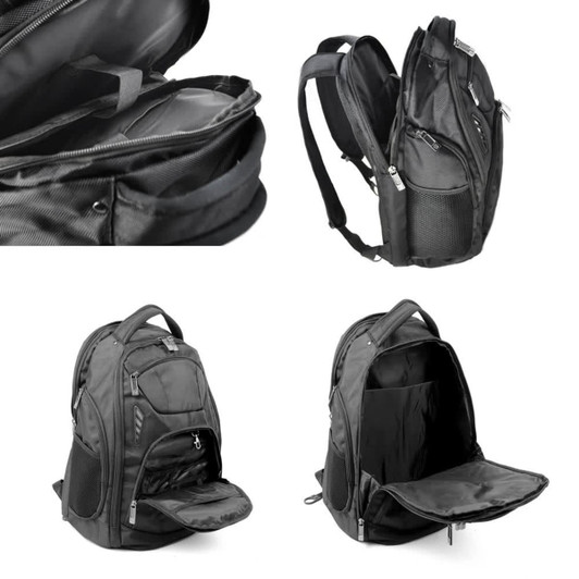 A black Vibe Backpack featuring multiple compartments, a mesh pocket, and a zippered front pocket. It also has a logo.