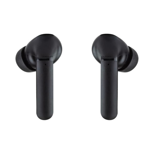 Black wireless earbuds with a sleek design, featuring a shiny surface and soft ear tips.