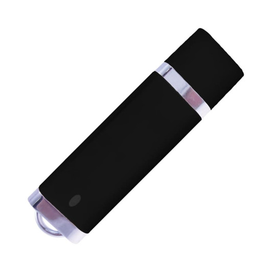 A black flash drive with a sleek design and a metallic accent, featuring a circular attachment point.