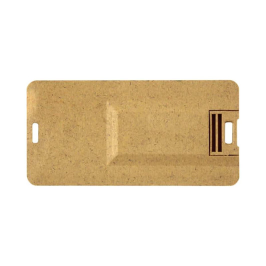 A slim, eco-friendly flash drive in a natural beige hue, featuring a logo and a textured finish.