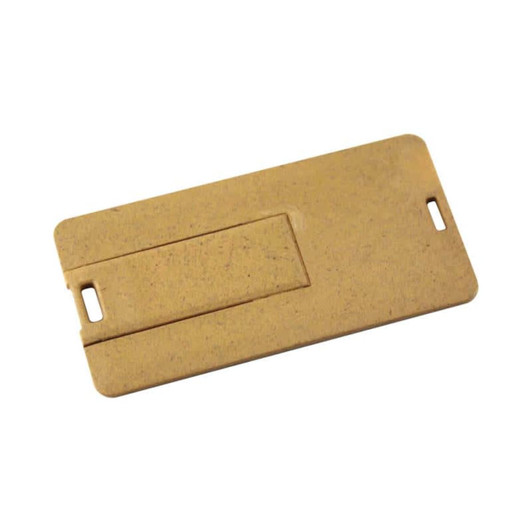 A slimline eco flash drive in a golden-brown colour, featuring a sleek design and a branding logo.
