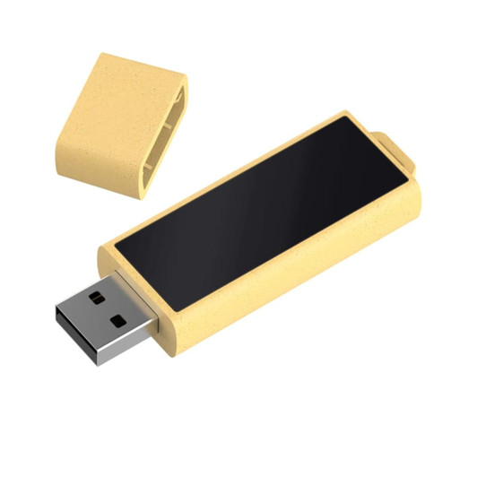 A yellow eco-friendly LED flash drive with a removable cap and a sleek black surface for branding.