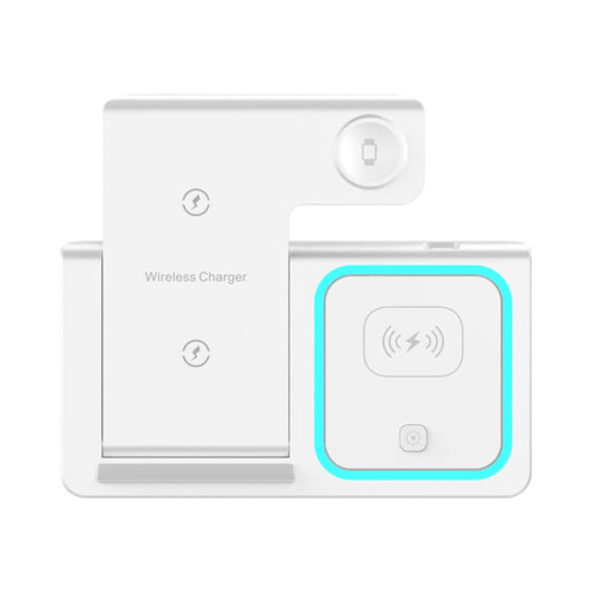 A white 15W 3-in-1 fast wireless charger featuring an illuminated edge and a branding logo.