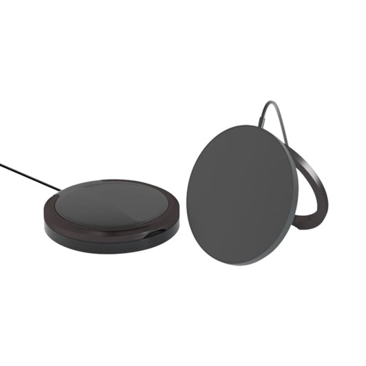 A black magnetic wireless charging stand with a sleek, circular design and a foldable support.