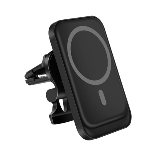 A black magnetic wireless car charger with a sleek design and an attachment for car vents.