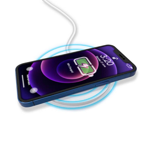 A wireless charger in blue with a smartphone placed on it, displaying a charging indicator.
