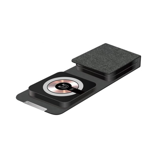 A black and grey Bellevue 3n1 Magnetic 15W Wireless Charger with a textured surface and a logo.