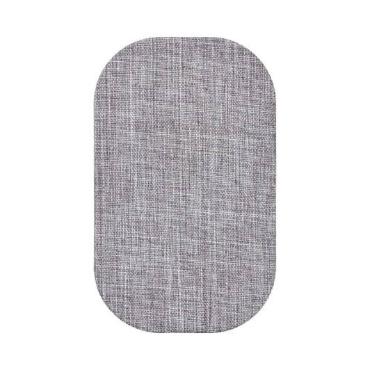 A grey wireless charger with a textured fabric finish, featuring a rounded rectangular shape and a branding logo.