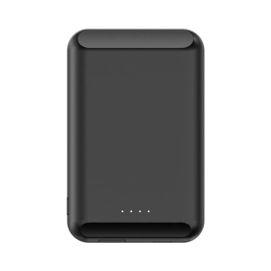 A black wireless power bank with a sleek design and indicator lights on the front. It has a branding logo.