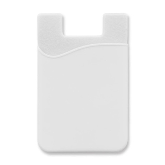 A white silicone phone wallet with a textured design and a curved top edge. Features a logo.