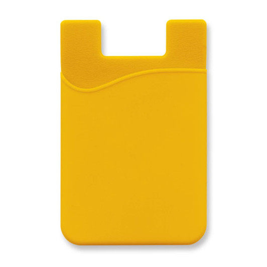 A bright yellow silicone phone wallet with a curved design and a logo on the surface.