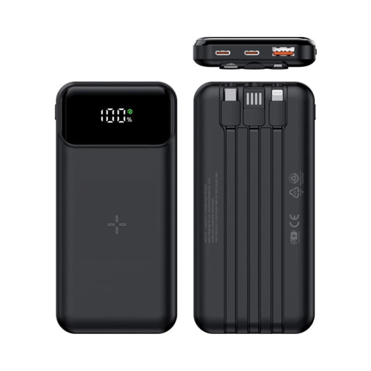A black wireless power bank with a digital display, featuring multiple charging ports and a sleek design.
