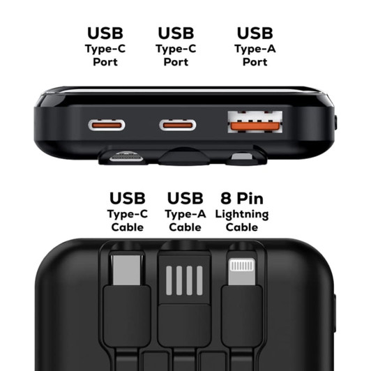 A black power bank with USB Type-C and Type-A ports, and an 8 Pin Lightning cable. It features a logo.