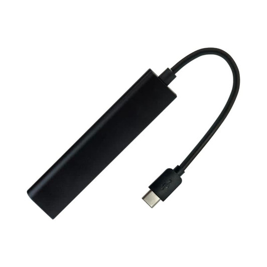 A black USB hub with a USB-A connector and a Type-C cable, featuring a sleek, elongated design.