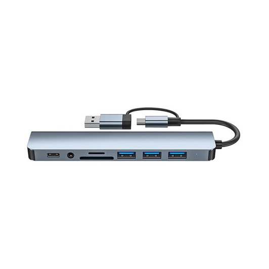 A silver USB hub with dual input options, featuring Type-C and Type-A connectors, multiple USB ports, and a card slot.